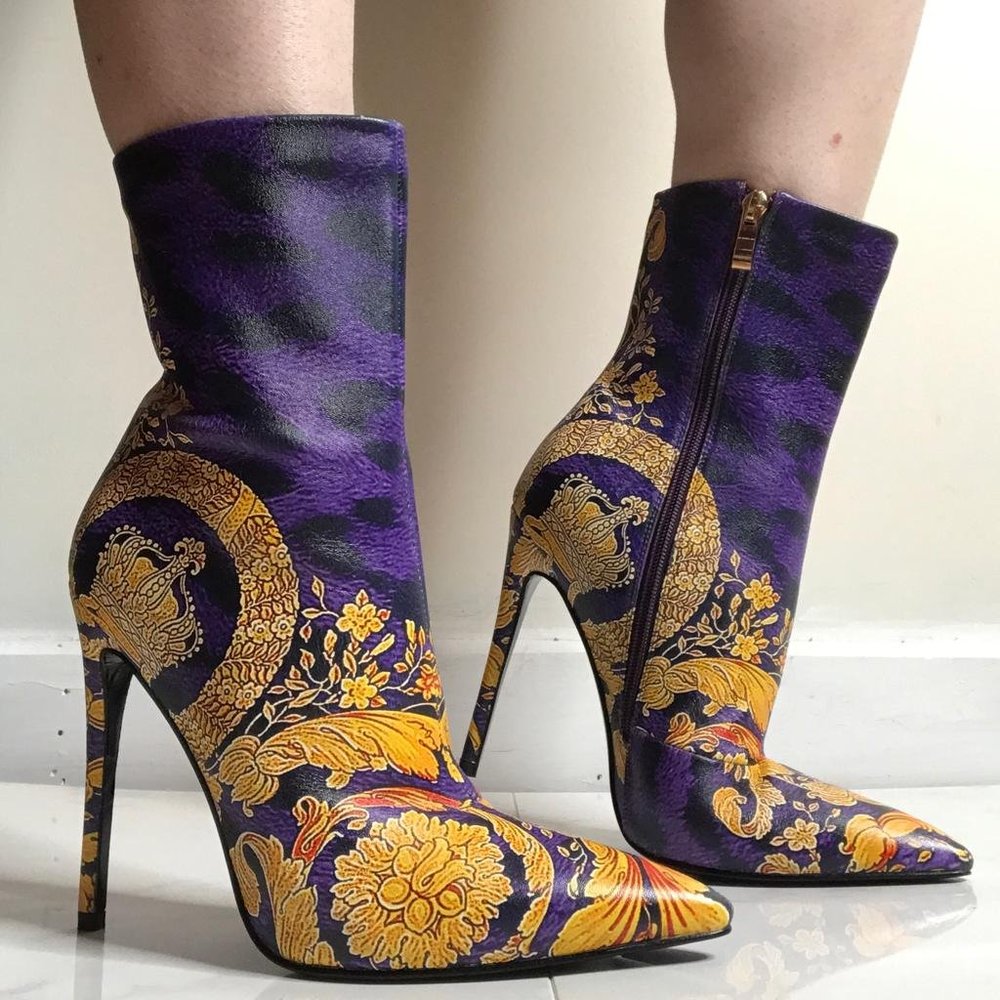 Purple Leopard Baroque Print Leather Ankle Boos 37